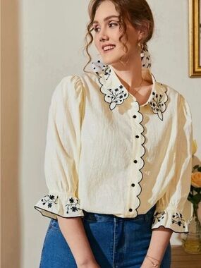 Cream Embroidered Scallop-Trim Button Front Women's Top